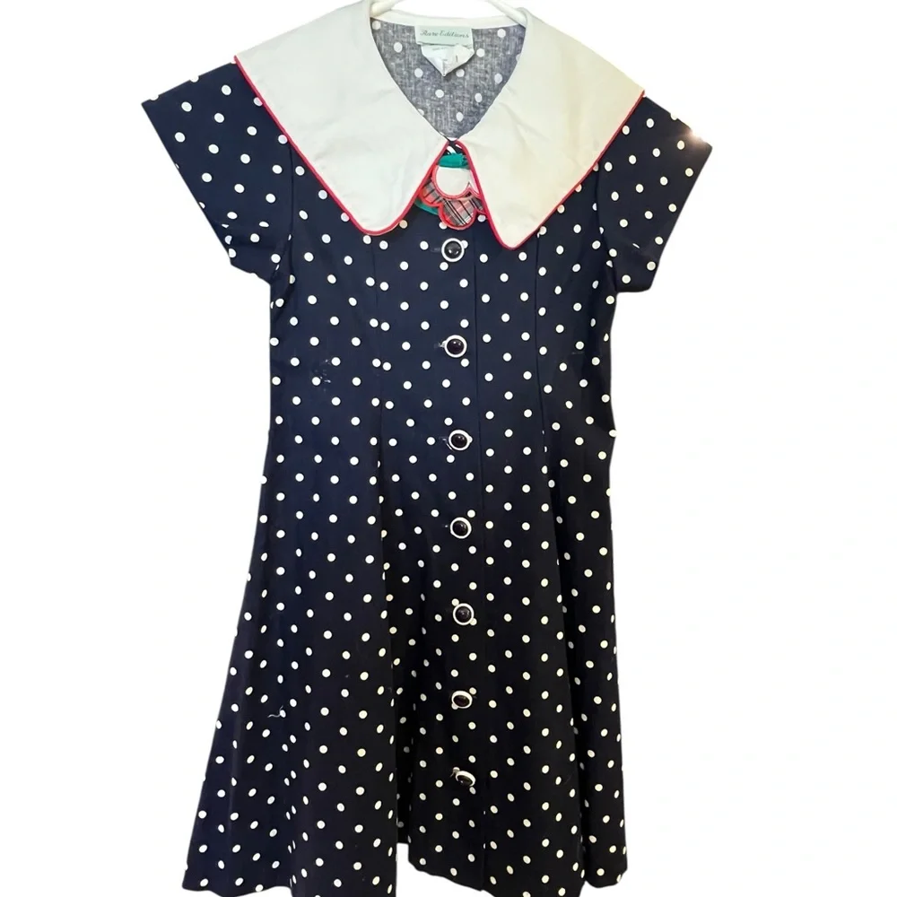 SOLDRare Editions VTG Blue Polka Dot Dress White Collar Girls Size 8 Made in USA